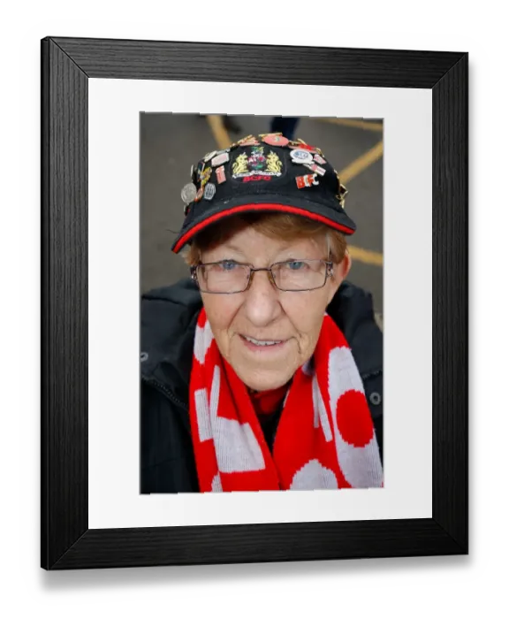 Framed Print : Bristol City Fan in Pin Badge Cap at Ashton Gate Stadium, 2015 Framed Print : Bristol City Fan in Pin Badge Cap at Ashton Gate Stadium, 2015