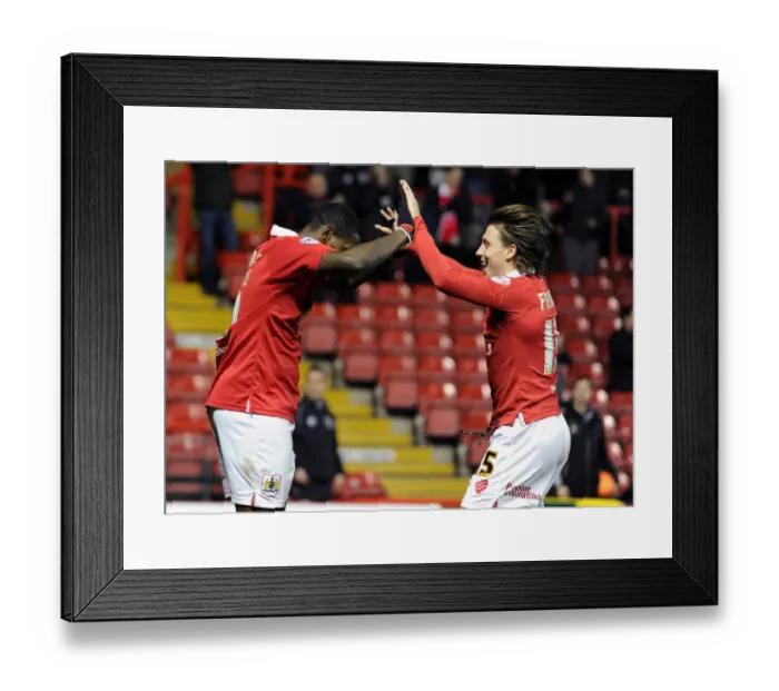 Framed Print : Bristol City's Jay Emmanuel-Thomas and Luke Freeman Celebrate Goal Against Port Vale, Sky Bet League One, Ashton Gate Framed Print : Bristol City's Jay Emmanuel-Thomas and Luke Freeman Celebrate Goal Against Port Vale, Sky Bet League One, Ashton Gate