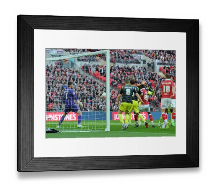 Framed Print : Bristol City's Aden Flint Scores the Opening Goal in Johnstone's Paint Trophy Final Victory over Walsall at Wembley Stadium (2015)