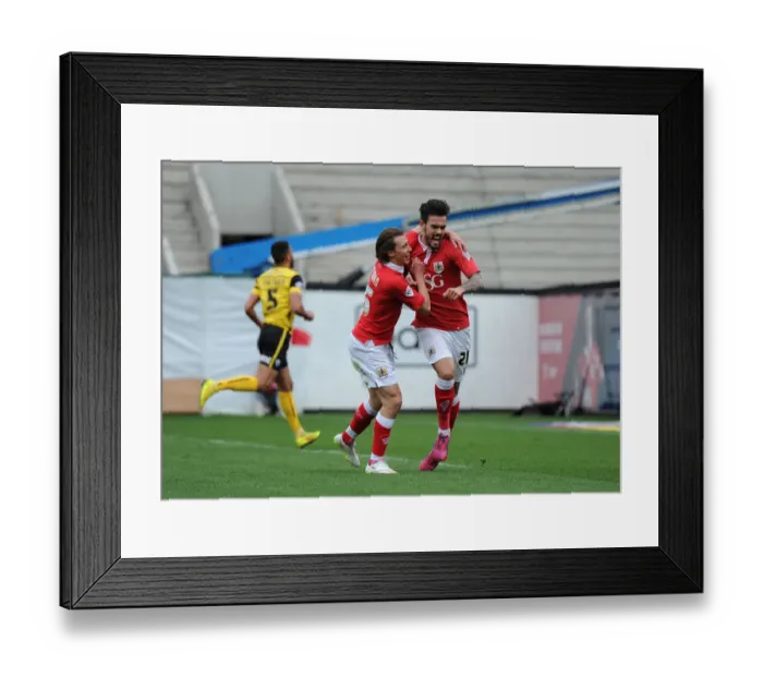 Framed Print : Dynamic Duo: Marlon Pack and Luke Freeman in Unforgettable Goal Celebration for Bristol City against Barnsley (March 2015) Framed Print : Dynamic Duo: Marlon Pack and Luke Freeman in Unforgettable Goal Celebration for Bristol City against Barnsley (March 2015)