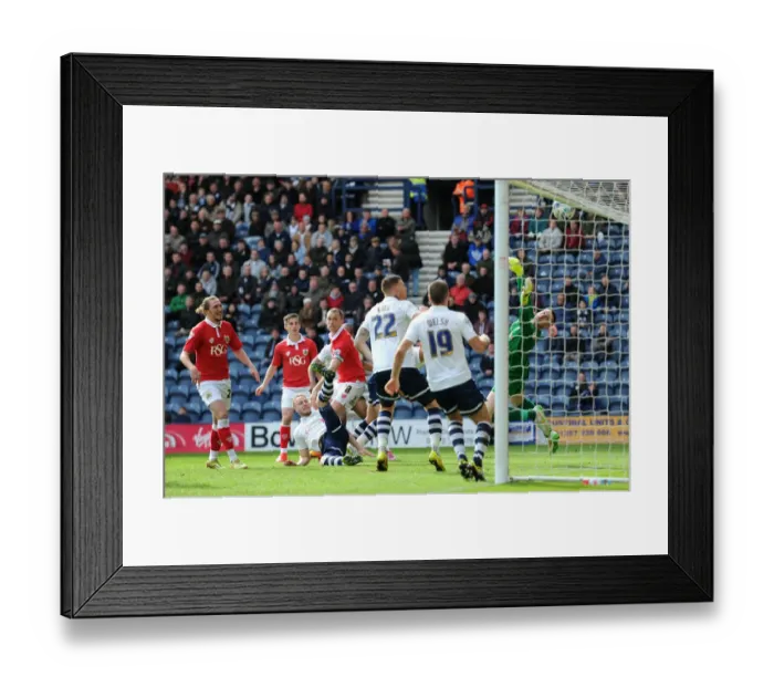 Framed Print : Aaron Wilbraham's Close Call: Header Hits the Crossbar in Preston North End vs. Bristol City Match