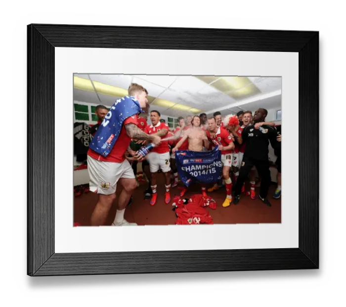 Framed Print : Bristol City: Unforgettable Championship Celebrations in the Changing Room (April 2015) Framed Print : Bristol City: Unforgettable Championship Celebrations in the Changing Room (April 2015)