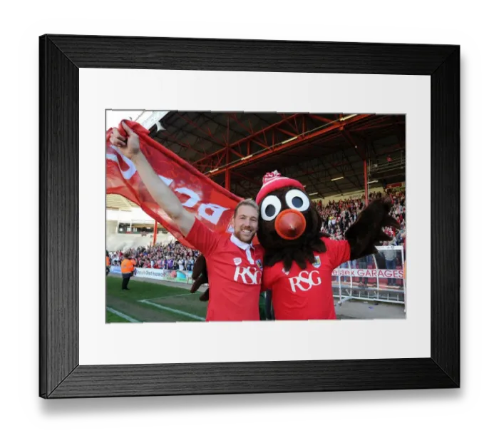 Framed Print : Joyous Goal: Scott Wagstaff and Scrumpy the Robin's Euphoric Celebration at Ashton Gate, 2015