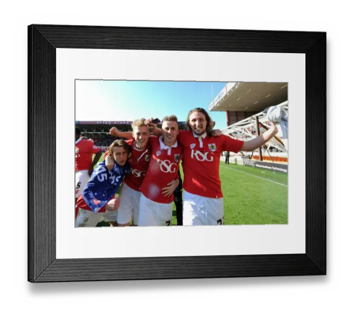 Framed Print : Bristol City's Jubilant Win: Luke Freeman, George Saville, Joe Bryan, and Luke Ayling Celebrate Promotion to Sky Bet League One