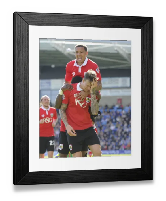 Framed Print : Aden Flint, Kieran Agard, and James Tavernier Celebrate Goal for Bristol City against Chesterfield, 2015