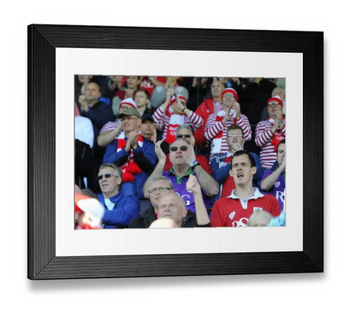 Framed Print : Triumphant Bristol City Fans Celebrate at Proact Stadium during Chesterfield vs. Bristol City Football Match, League One, 2015
