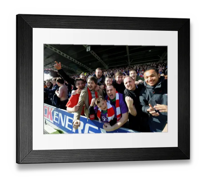 Framed Print : Bristol City Fans Triumphant Celebration at Proact Stadium during Chesterfield vs. Bristol City Football Match, Sky Bet League One (25.04.2015)