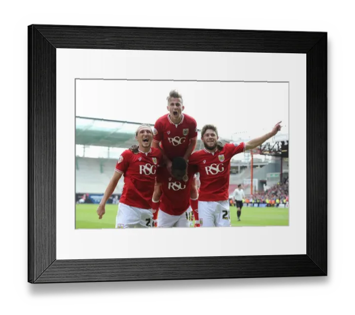 Framed Print : Bristol City's Kieran Agard Celebrates Double Strike with Teammates Luke Ayling, Joe Bryan, and Wes Burns during Bristol City vs Walsall Football Match, May 2015 Framed Print : Bristol City's Kieran Agard Celebrates Double Strike with Teammates Luke Ayling, Joe Bryan, and Wes Burns during Bristol City vs Walsall Football Match, May 2015