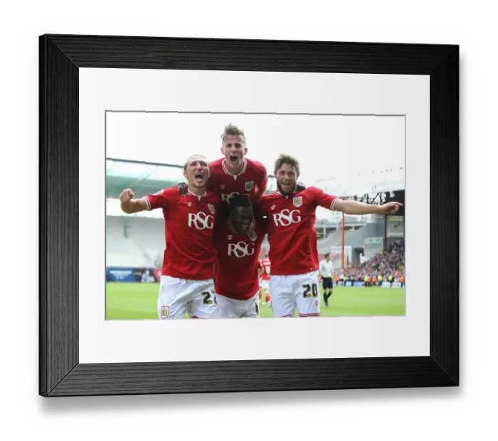 Framed Print : Triumphant Moment: Agard, Ayling, Bryan, and Burns Celebrate Double Goal Lead for Bristol City against Walsall Framed Print : Triumphant Moment: Agard, Ayling, Bryan, and Burns Celebrate Double Goal Lead for Bristol City against Walsall