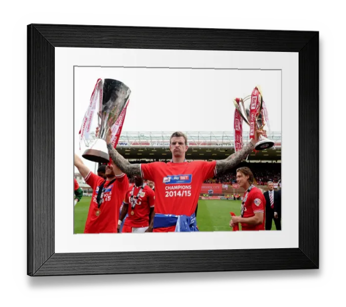 Framed Print : Aden Flint Lifts Double: Bristol City's Sky Bet League One and JPT Trophies (May 2015) Framed Print : Aden Flint Lifts Double: Bristol City's Sky Bet League One and JPT Trophies (May 2015)