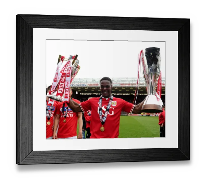 Framed Print : Bristol City's Kieran Agard: Double Victory Celebration - Sky Bet League One and JPT Trophies Framed Print : Bristol City's Kieran Agard: Double Victory Celebration - Sky Bet League One and JPT Trophies