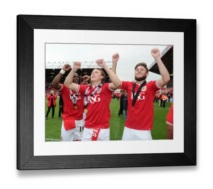 Framed Print : Triumphant Moment: Agard, Freeman, and Burns Celebrate Bristol City's Victory over Walsall