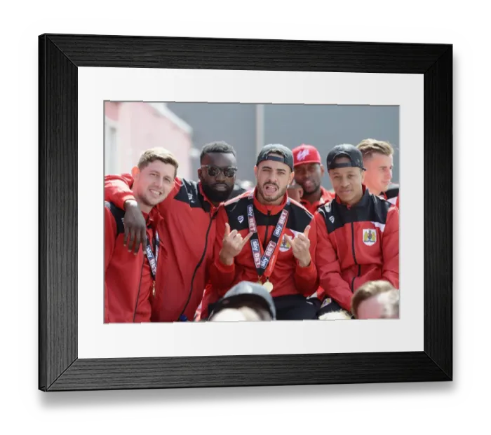 Framed Print : Bristol City Footballers: Frank Fielding, Karleigh Osborne, Derrick Williams, and Bobby Reid Celebrate in Style, 04 / 05 / 2015