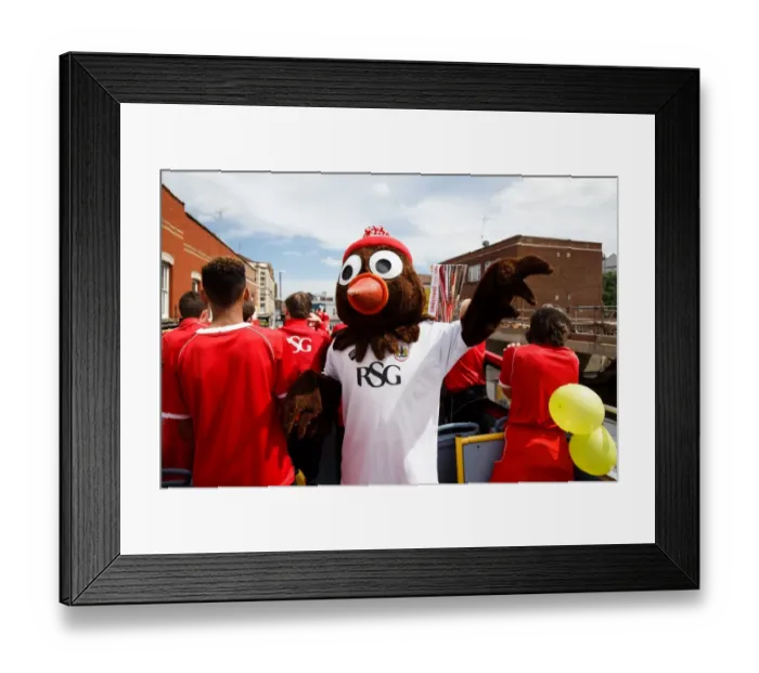 Framed Print : Bristol City FC: Champions Glory Parade - Scrumpy the Mascot Celebrates League 1 and Johnstones Paint Trophy Titles