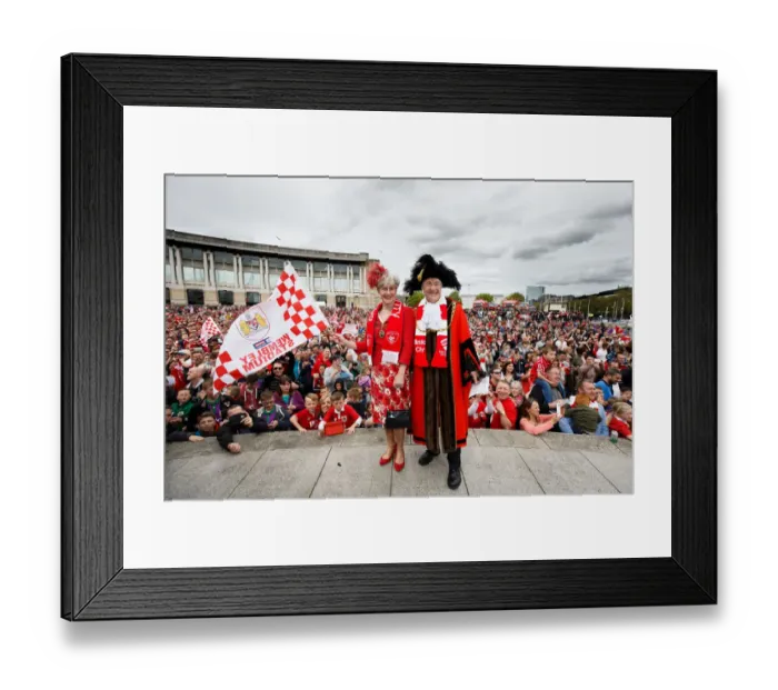 Framed Print : Bristol City Football Club: Champions Triumph - Thousands Celebrate Promotion to Championship at Open Top Bus Parade