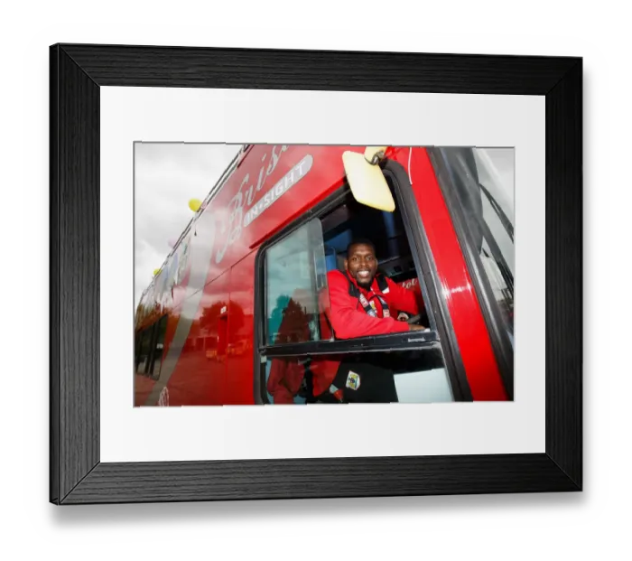 Framed Print : Bristol City FC: Champions Bus Parade - Jay Emmanuel-Thomas at the Helm Framed Print : Bristol City FC: Champions Bus Parade - Jay Emmanuel-Thomas at the Helm