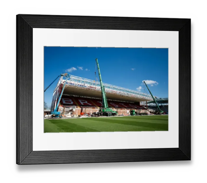 Framed Print : Ashton Gate Stadium's Dolman Stand Roof Extension: Steel Truss Hoisted into Place Framed Print : Ashton Gate Stadium's Dolman Stand Roof Extension: Steel Truss Hoisted into Place