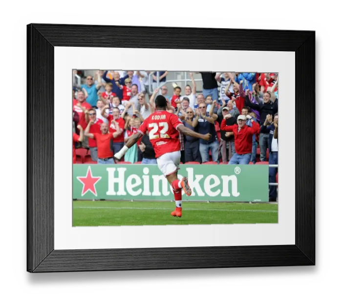 Framed Print : Jonathan Kodjia's Epic Goal Celebration: A Thrilling Moment from Bristol City's Sky Bet Championship Victory over Brentford Framed Print : Jonathan Kodjia's Epic Goal Celebration: A Thrilling Moment from Bristol City's Sky Bet Championship Victory over Brentford