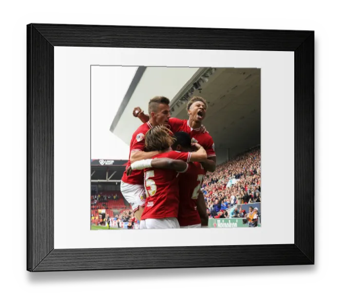 Framed Print : Bristol City's Unstoppable Goal Scoring Quartet: Kodjia, Reid, Freeman, Bryan Celebrate in Sky Bet Championship Victory