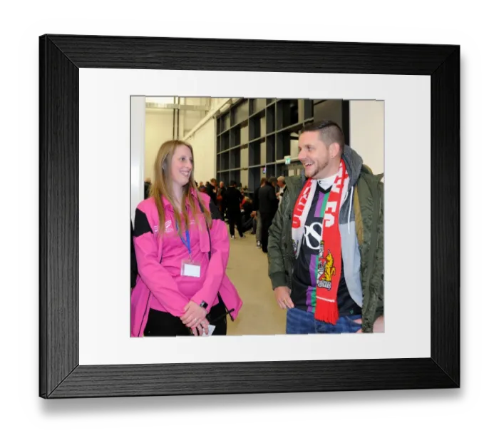 Framed Print : Bristol City FC: Matchday Ambassador Assists Spectator at Ashton Gate Stadium Framed Print : Bristol City FC: Matchday Ambassador Assists Spectator at Ashton Gate Stadium