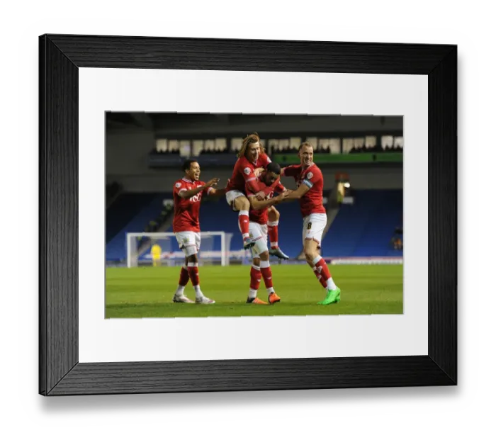 Framed Print : Bristol City: Derrick Williams Scores and Celebrates with Team Mates at Brighton's American Express Community Stadium, 2015 Framed Print : Bristol City: Derrick Williams Scores and Celebrates with Team Mates at Brighton's American Express Community Stadium, 2015