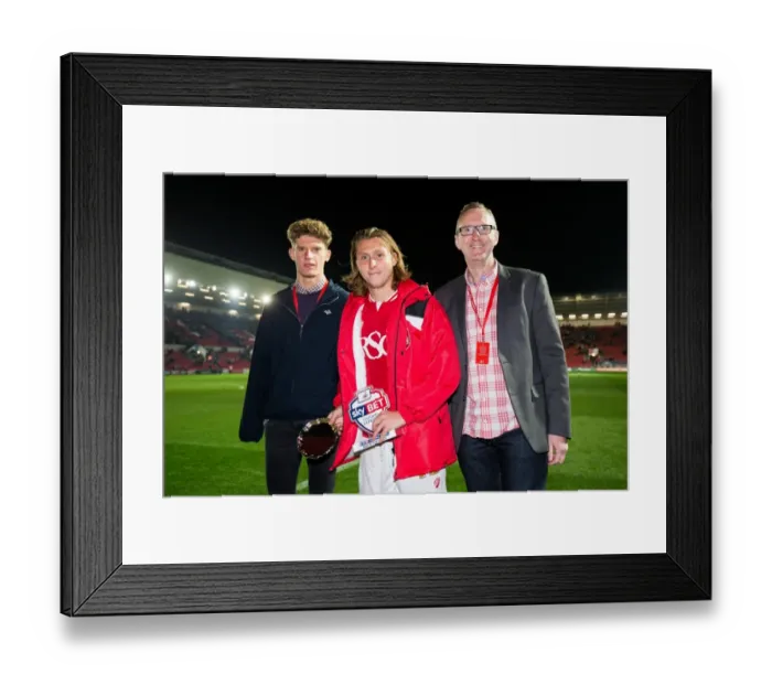 Framed Print : Luke Freeman, Man of the Match: Celebrating with the Sponsor after Bristol City's Win against Nottingham Forest Framed Print : Luke Freeman, Man of the Match: Celebrating with the Sponsor after Bristol City's Win against Nottingham Forest
