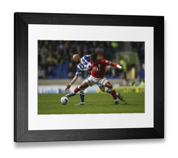 Framed Print : Jonathan Kodjia Blocks Bruno Saltor: Intense Moment from Brighton vs. Bristol City Championship Match, 2015