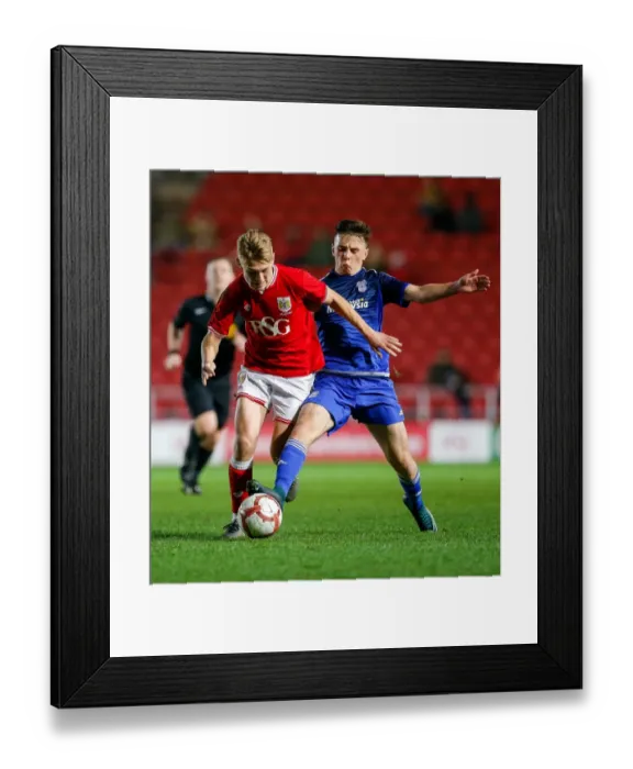 Framed Print : Jake Andrews Fouled by Mark Harris in FA Youth Cup Match: Bristol City U18s vs. Cardiff City U18s
