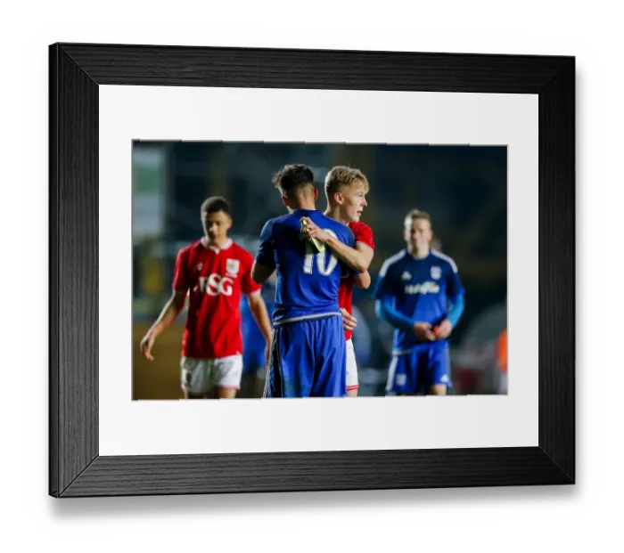 Framed Print : Bristol City U18s Eliminated from FA Youth Cup by Cardiff City U18s: Jake Andrews Consoles Jamie Bird after 0-4 Defeat