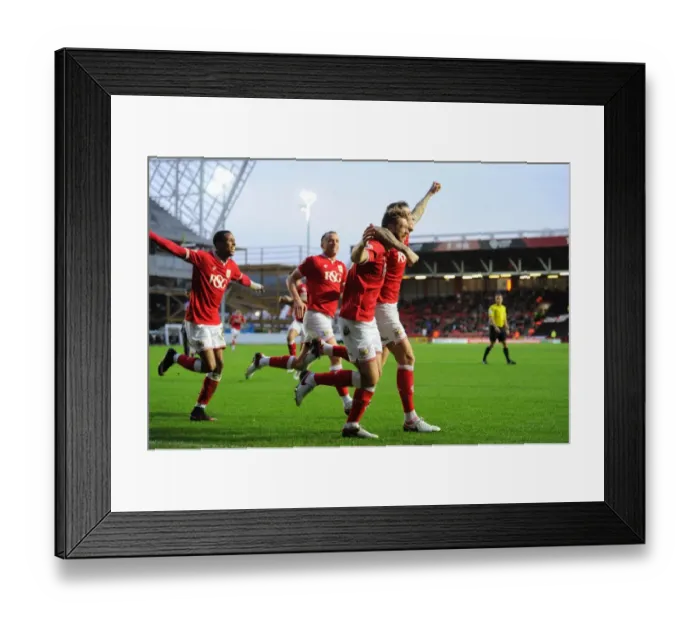 Framed Print : Bristol City's Baker and Flint Celebrate Goal Against Charlton Athletic (December 2015) Framed Print : Bristol City's Baker and Flint Celebrate Goal Against Charlton Athletic (December 2015)