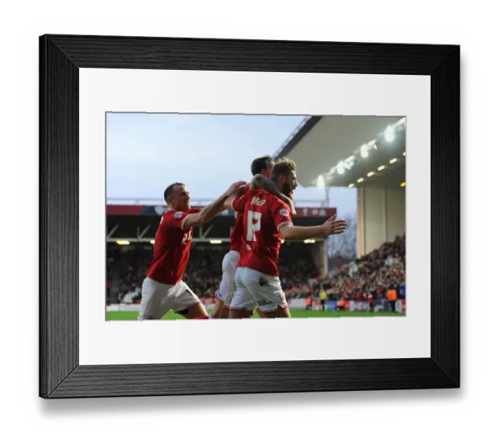 Framed Print : Bristol City Celebrate: Baker, Flint, Wilbraham's Goal Blitz (vs Charlton Athletic, 12 / 26 / 15) Framed Print : Bristol City Celebrate: Baker, Flint, Wilbraham's Goal Blitz (vs Charlton Athletic, 12 / 26 / 15)