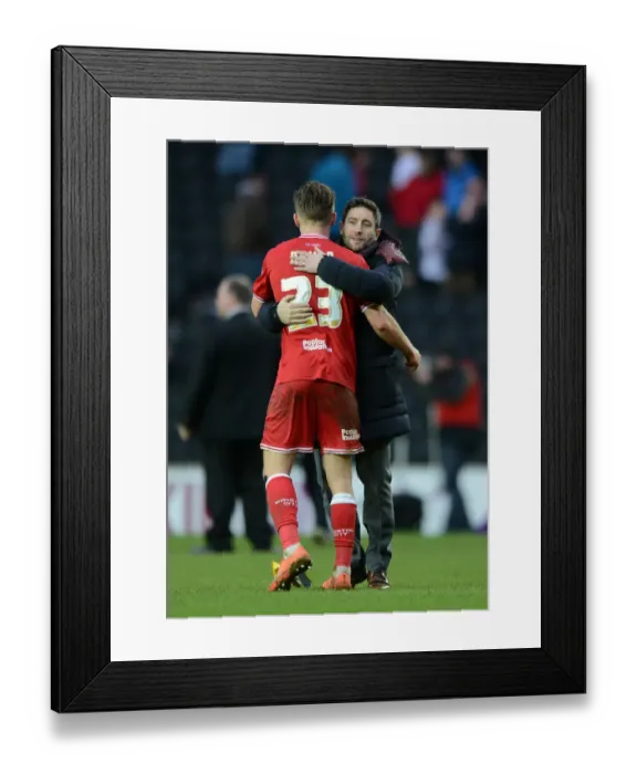 Framed Print : Bristol City's Lee Johnson Celebrates with Joe Bryan After Milton Keynes Dons Victory, 2016