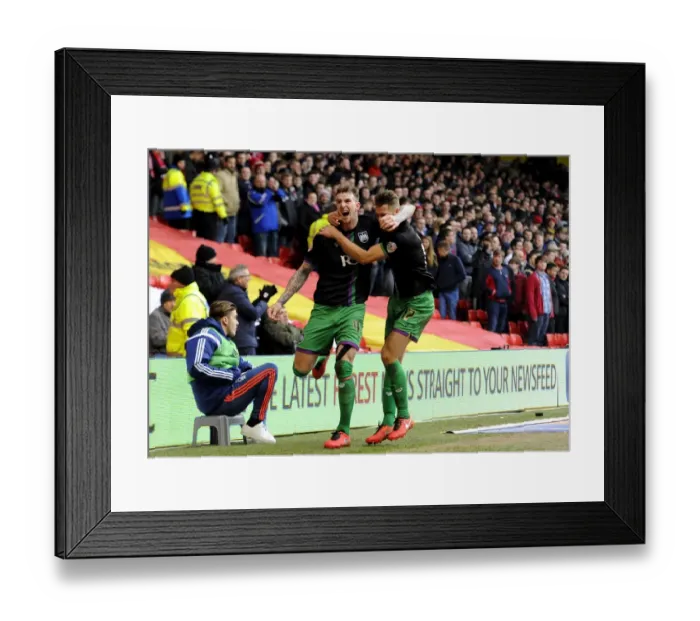 Framed Print : Jubilant Moment: Aden Flint and Nathan Baker's Euphoric Celebration after Bristol City's Win at Nottingham Forest (2016)
