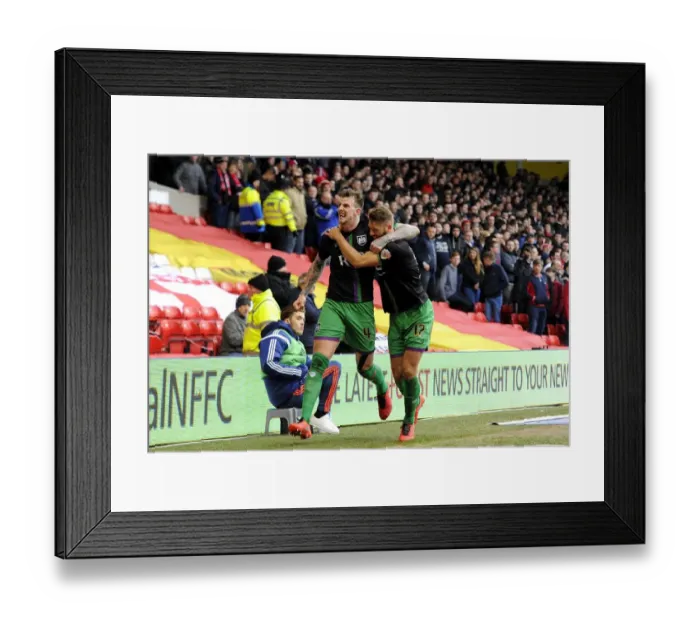 Framed Print : Jubilant Moment: Aden Flint and Nathan Baker's Celebration after Bristol City's Win at Nottingham Forest, 2016