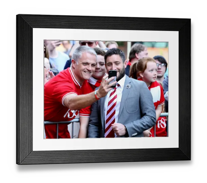 Framed Print : Bristol City Manager Lee Johnson and Supporter Celebrate Together at Queens Park Rangers Game, May 2016 Framed Print : Bristol City Manager Lee Johnson and Supporter Celebrate Together at Queens Park Rangers Game, May 2016
