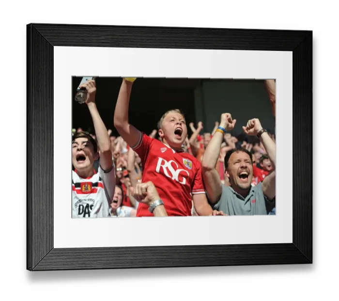Framed Print : Bristol City Fans Euphoria: 2-1 Lead Over Wigan Athletic at Ashton Gate