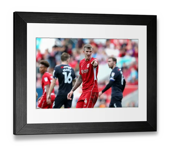 Framed Print : Aden Flint Points the Way: Bristol City vs Derby County, Sky Bet Championship Framed Print : Aden Flint Points the Way: Bristol City vs Derby County, Sky Bet Championship