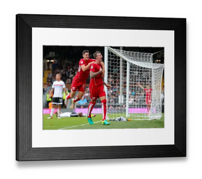 Framed Print : Bristol City's Aden Flint and Callum O'Dowda Celebrate 0-4 Goal Against Fulham, Sky Bet EFL Championship, 2016 Framed Print : Bristol City's Aden Flint and Callum O'Dowda Celebrate 0-4 Goal Against Fulham, Sky Bet EFL Championship, 2016