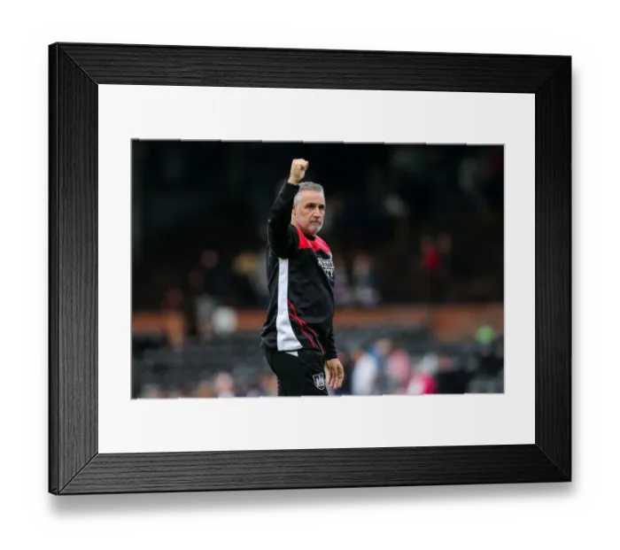 Framed Print : Bristol City's Historic 0-4 Win at Craven Cottage: Assistant Manager John Pemberton Celebrates with Fans Framed Print : Bristol City's Historic 0-4 Win at Craven Cottage: Assistant Manager John Pemberton Celebrates with Fans