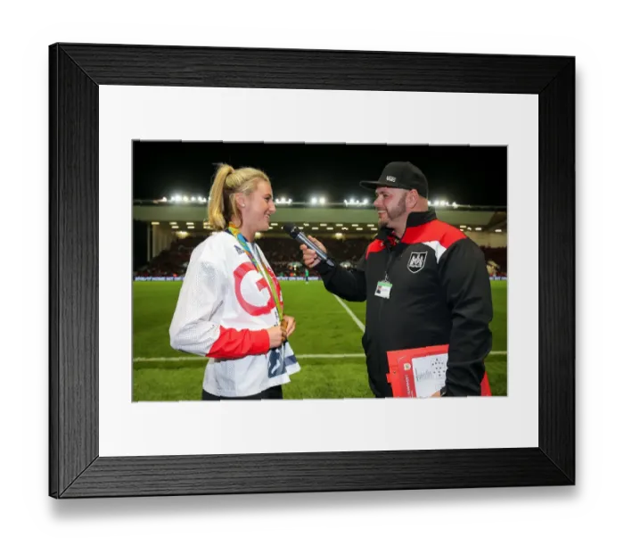 Framed Print : Bristol City's Olympic Hero, Lily Owsley, Interviewed at Half Time by Downsy after Winning Gold at Rio 2016