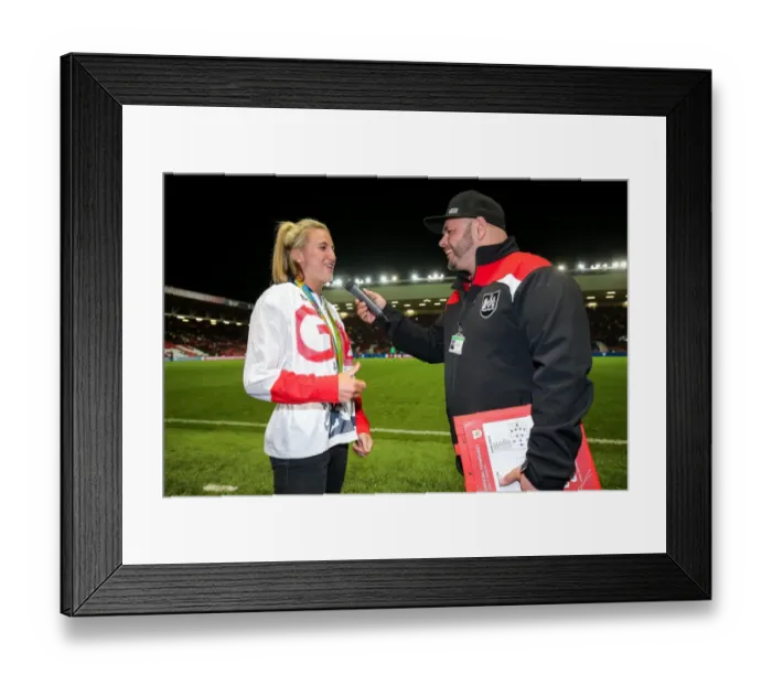 Framed Print : Olympic Gold Medallist Lily Owsley Interviewed at Half Time by Fellow Champion Downsy at Ashton Gate Framed Print : Olympic Gold Medallist Lily Owsley Interviewed at Half Time by Fellow Champion Downsy at Ashton Gate