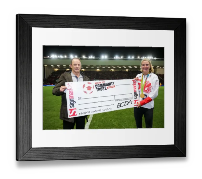 Framed Print : Bristol City's Olympic Hero Lily Owsley Presents Half Time Draw Cheque at Ashton Gate Stadium Framed Print : Bristol City's Olympic Hero Lily Owsley Presents Half Time Draw Cheque at Ashton Gate Stadium