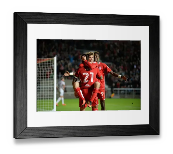 Framed Print : Marlon Pack, Luke Freeman, and Tammy Abraham Celebrate Goal for Bristol City Against Leeds United