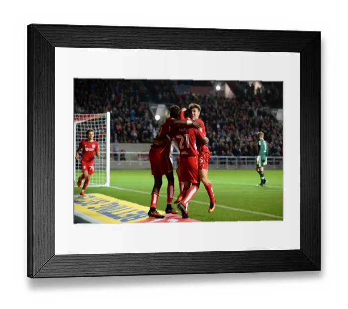 Framed Print : Triumphant Threesome: Marlon Pack, Luke Freeman, and Tammy Abraham Celebrate Goal Against Leeds United, 2016