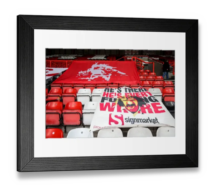 Framed Print : Bristol City Pays Tribute to Gerry Gow: A Sea of Banners at Ashton Gate Stadium during Bristol City vs Blackburn Rovers