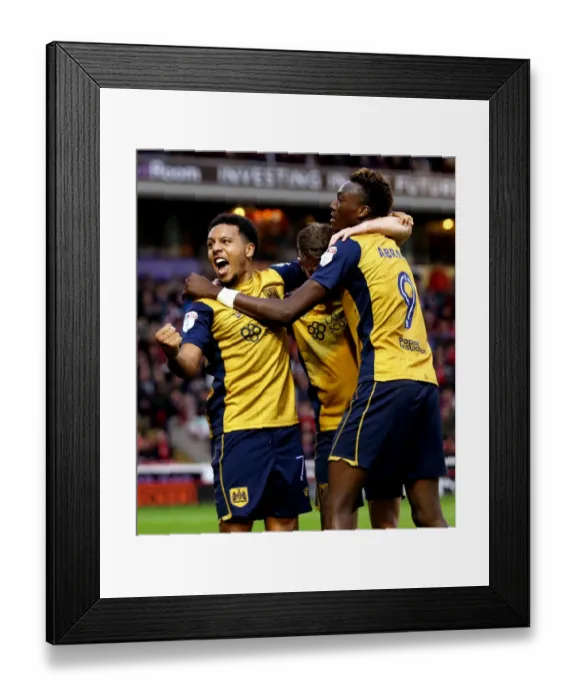 Framed Print : Tammy Abraham's Dramatic Goal: Celebrating with Joe Bryan and Korey Smith for Bristol City at Barnsley Framed Print : Tammy Abraham's Dramatic Goal: Celebrating with Joe Bryan and Korey Smith for Bristol City at Barnsley