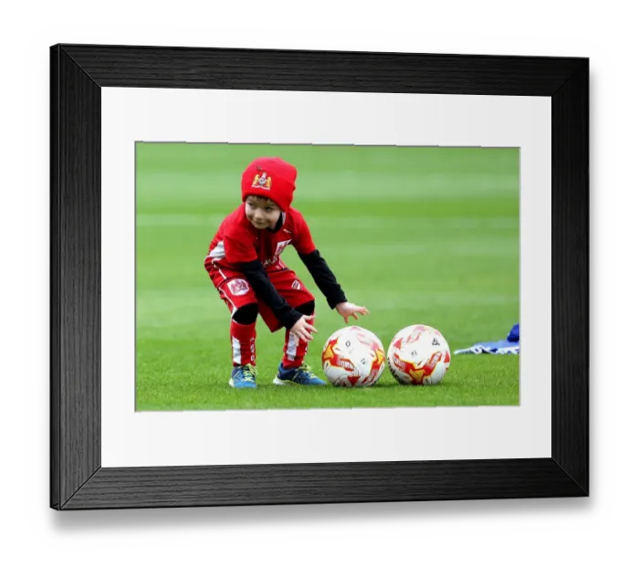 Framed Print : Young Bristol City Fan Helps Players with Footballs during Barnsley vs. Bristol City Match at Oakwell Stadium (2016)