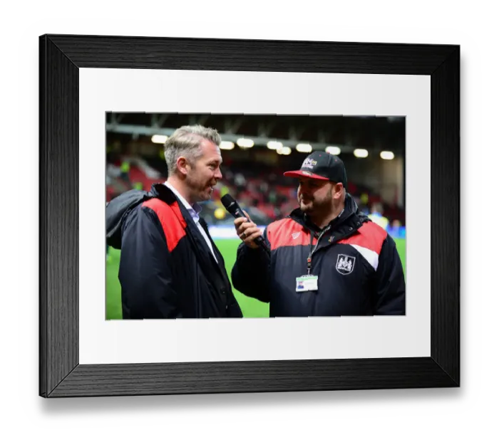 Framed Print : Bristol City FC: Willie Kirk Interviewed Pitchside During Bristol City vs Brighton and Hove Albion, Sky Bet Championship Match Framed Print : Bristol City FC: Willie Kirk Interviewed Pitchside During Bristol City vs Brighton and Hove Albion, Sky Bet Championship Match
