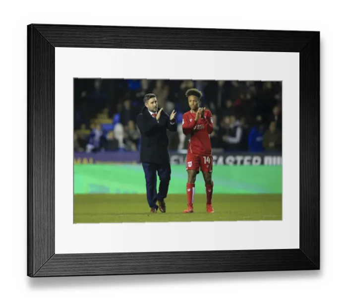 Framed Print : Bristol City's Lee Johnson and Bobby Reid Show Appreciation to Fans after Reading Match