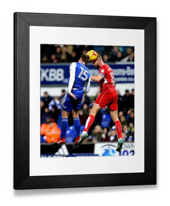 Framed Print : Clash at the Crossbar: Wilbraham vs. Webster in Intense Heading Duel during Ipswich Town vs. Bristol City Championship Match Framed Print : Clash at the Crossbar: Wilbraham vs. Webster in Intense Heading Duel during Ipswich Town vs. Bristol City Championship Match